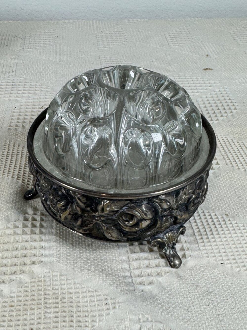 Vintage Silver Plated Floral Frog With Glass Top By De Uberti Italy c1950s